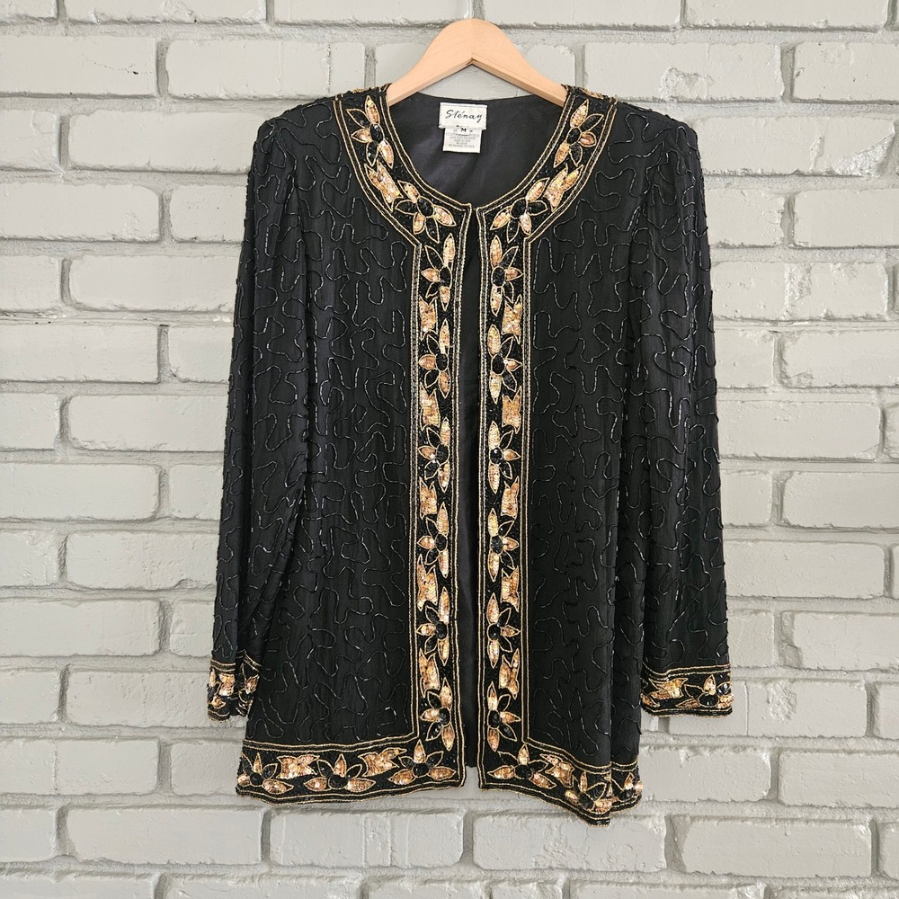 Stenay Vintage Black Silk Beaded Evening Jacket Gold Sequin Floral Border Medium